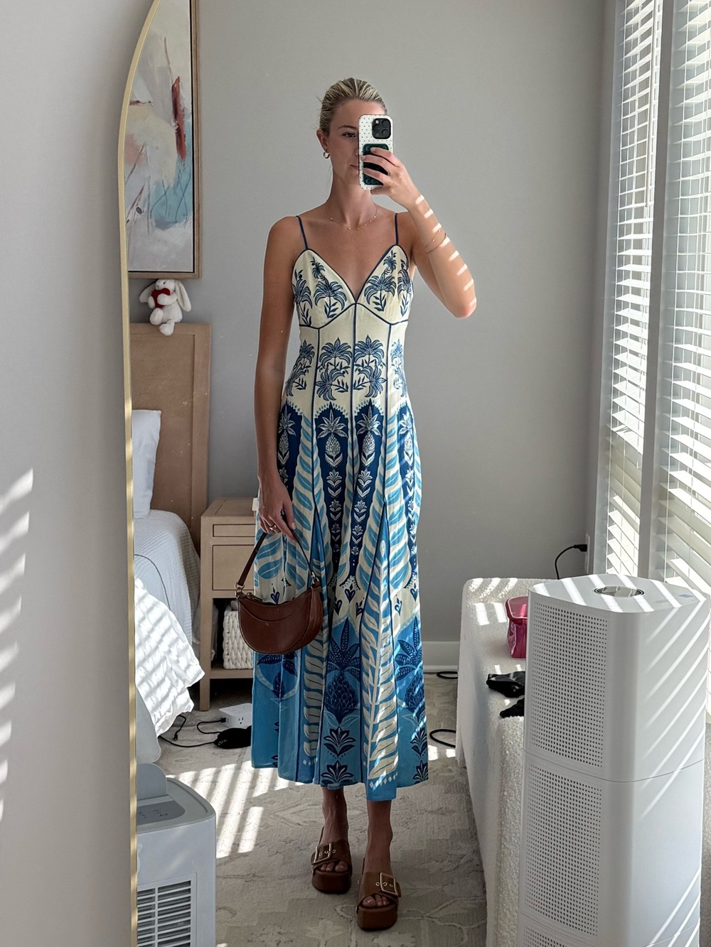 FARM Rio Blue and Cream Printed Spaghetti-Strap Midi Dress